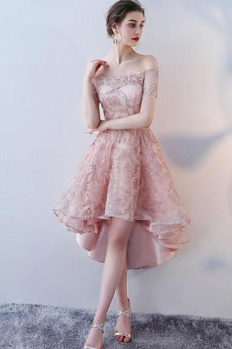 Champagne lace high low prom dress,lace evening dress