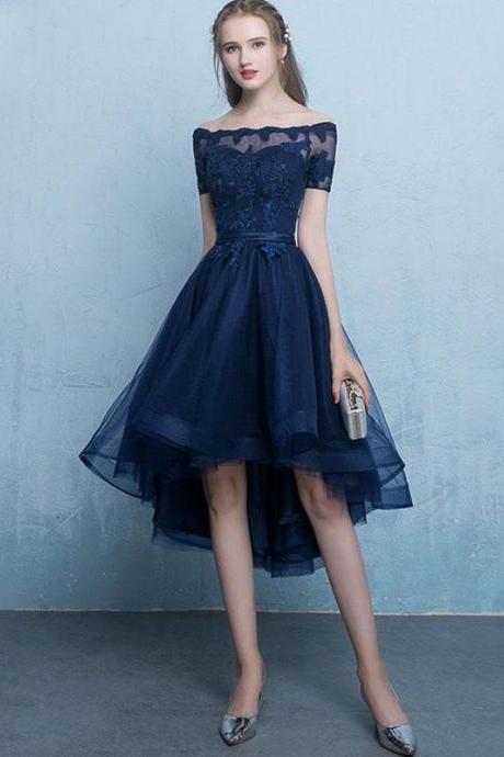 Dark Blue Lace Tulle Short Prom Dress,high Low Evening Dress