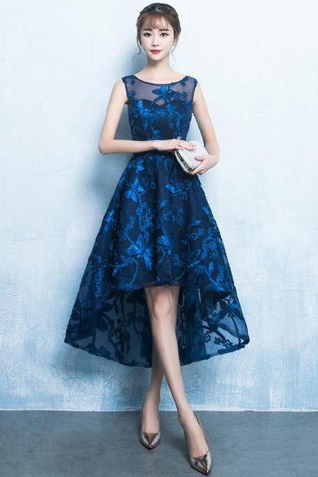 Dark Blue High Low Short Prom Dress,lace Evening Dress