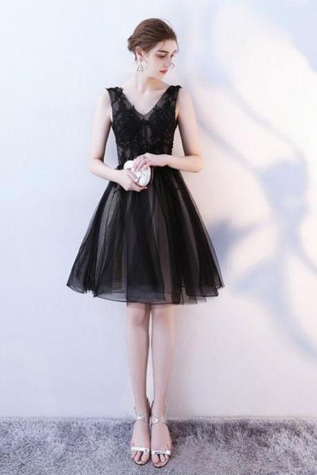 Black V Neck Tulle Lace Short Prom Dress,homecoming Dress