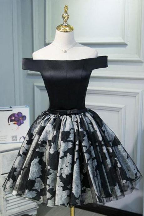 Cute black short prom dress,off shoulder evening dress