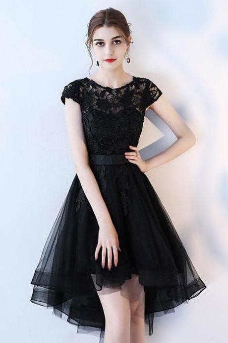 Black Lace Short Prom Dress,hight Low Evening Dress