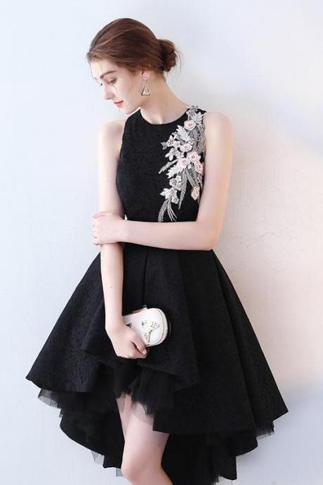Cute Black High Low Prom Dress,short Lace Evening Dress