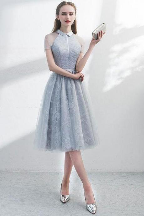 Unique Gray Tulle Lace Short Prom Dress,gray Evening Dress