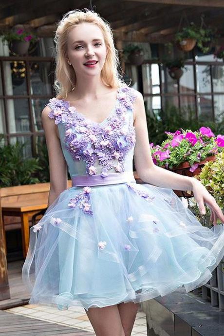 Stylish V Neck Lace Tulle Short Prom Dress,evening Dress
