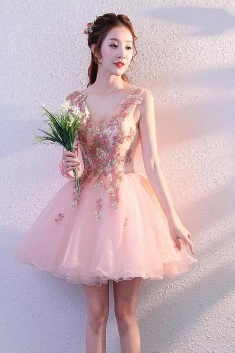 Pink V Neck Tulle Short Prom Dress,homecoming Dress