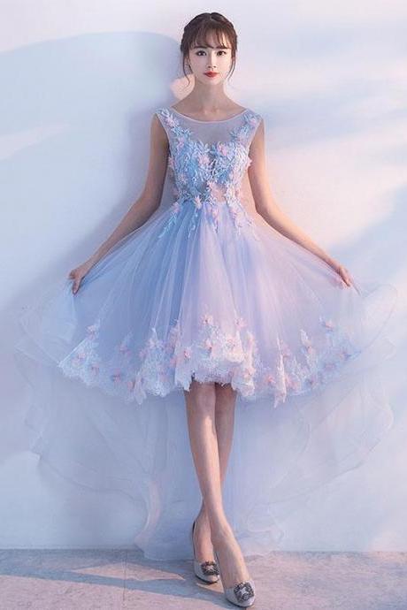 Light Blue Lace High Low Prom Dress,homecoming Dress