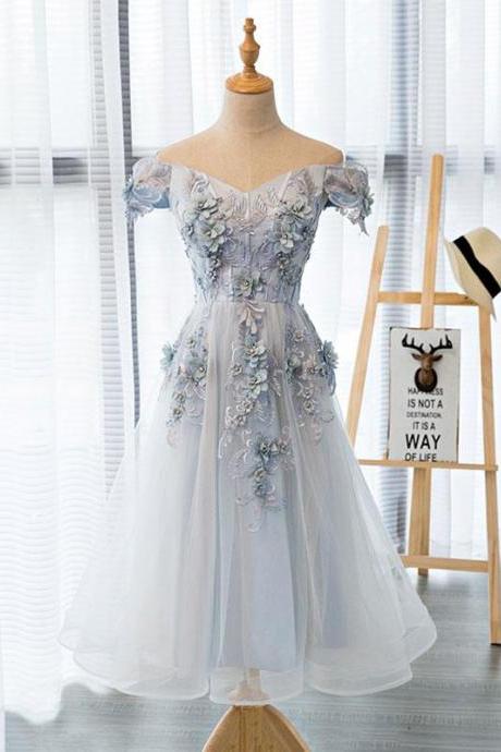 Gray lace off shoulder short prom dress,homecoming dress