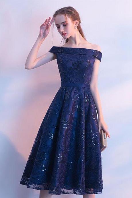Dark blue lace sequins short prom dress,evening dress