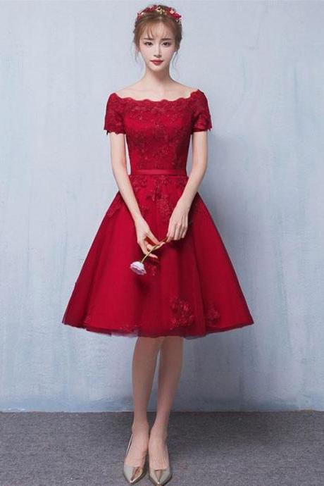 Cute burgundy lace short prom dress,homecoming dress