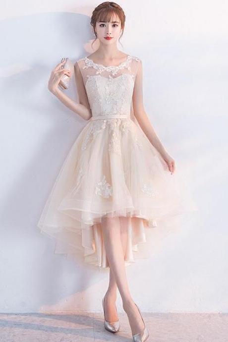 Champagne Tulle Lace Short Prom Dress,high Low Evening Dress