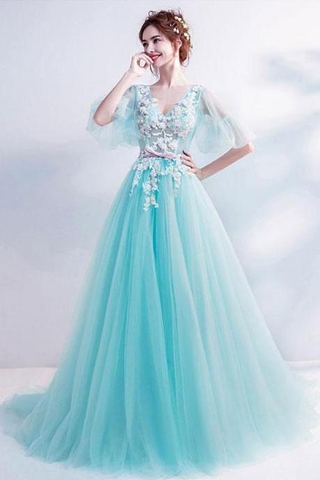 Blue Tulle Lace Long Prom Dress,lace Evening Dress