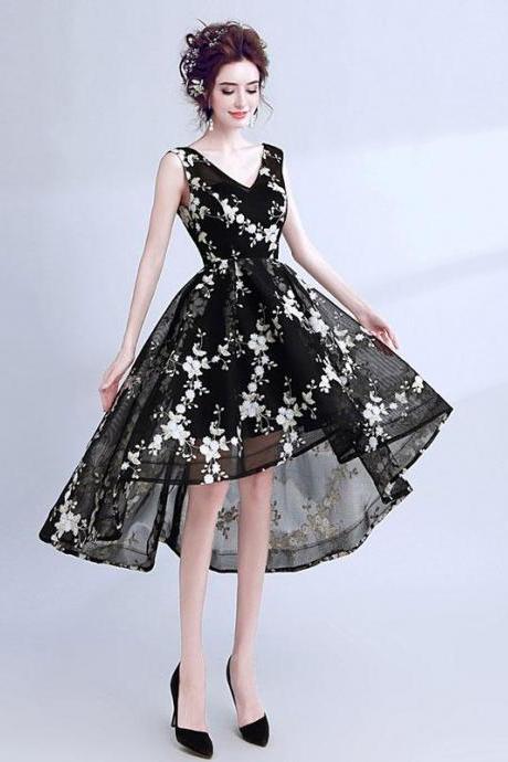 Black V Neck Lace Short Prom Dress,high Low Evening Dress