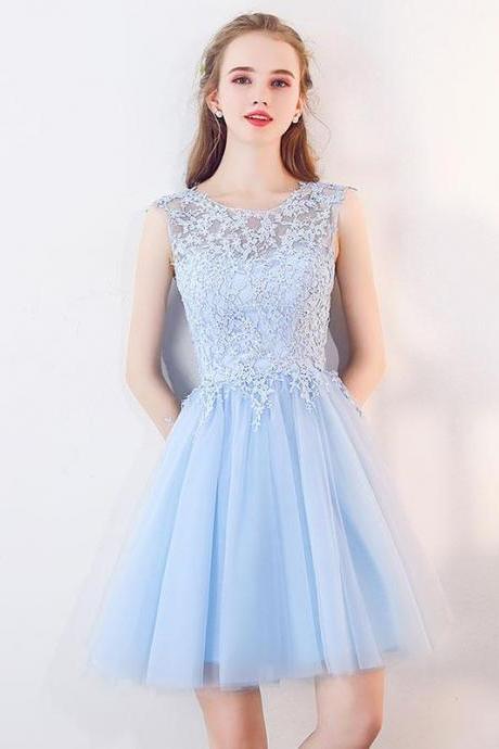 Cute blue tulle lace short prom dress,blue homecoming dress