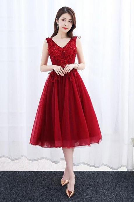 Burgundy V Neck Tulle Short Prom Dress,lace Evening Dress