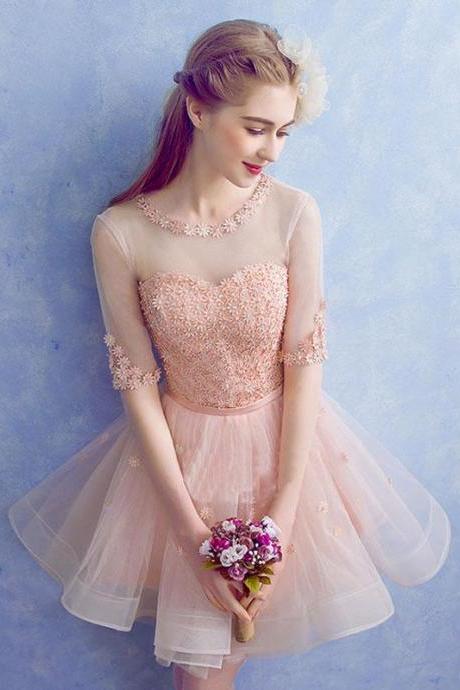 Cute Round Neck Tulle Applique Short Prom Dress,pink Homecoming Dress
