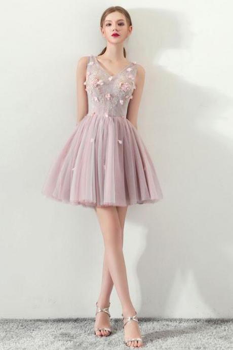Cute V Neck Tulle Short Prom Dress,pink Homecoming Dress
