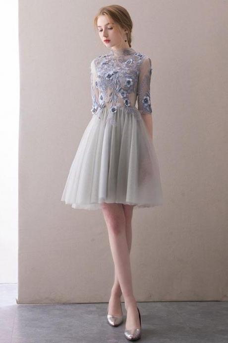 Gray High Neck Lace Applique Short Prom Dress,gray Homecoming Dress