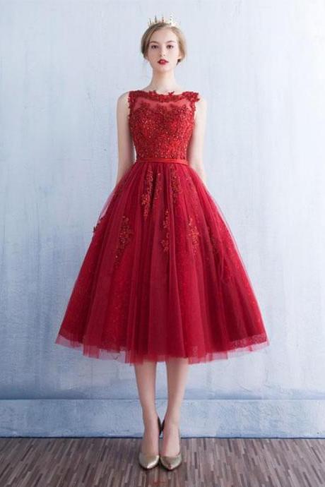 Burgundy Round Neck Tulle Lace Short Prom Dress,bridesmaid Dress