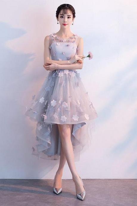 Gray Round Neck Tulle High Low Prom Dress,gray Homecoming Dress