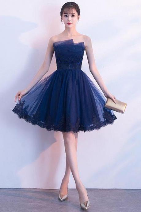 Cute Dark Blue Tulle Lace Short Prom Dress,homecoming Dress