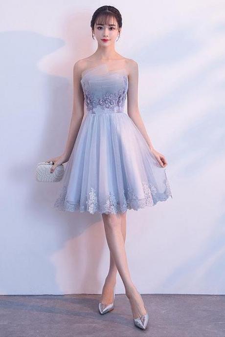 Gray Tulle Lace Applique Short Prom Dress,gray Homecoming Dress