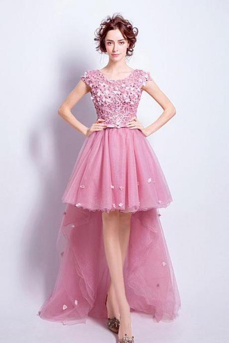 Pink Lace Tulle Long Prom Dress,high Low Evening Dress