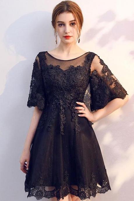 Black Round Neck Tulle Lace Short Prom Dress,homecoming Dress