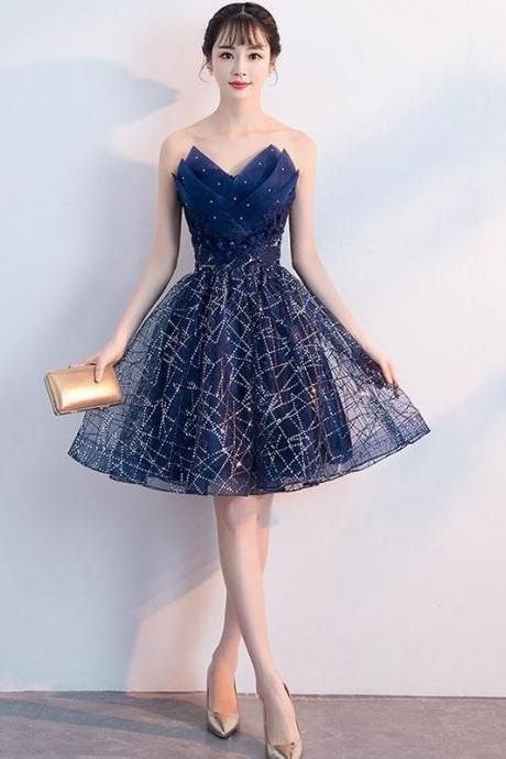 Dark Blue V Neck Tulle Sequin Short Prom Dress,blue Homecoming Dress