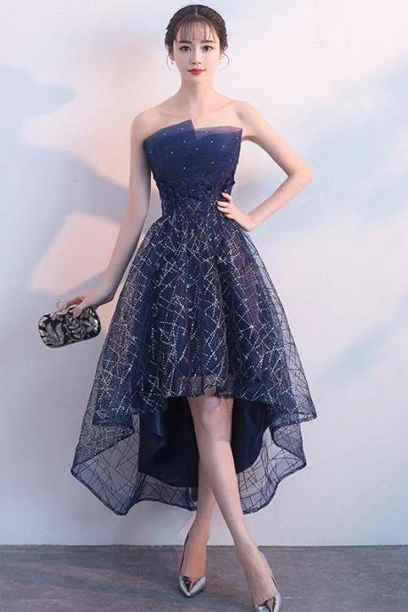 Dark Blue Tulle Sequin High Low Prom Dress,blue Evening Dress