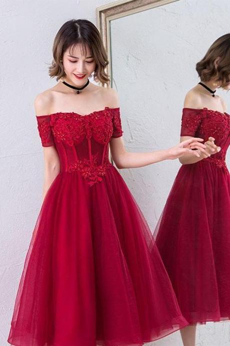 Cute burgundy off shoulder short prom dress,evening dress