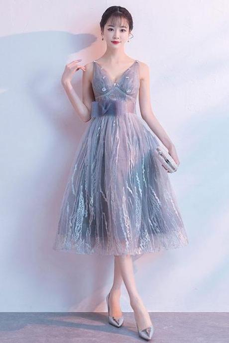 Gray V Neck Tulle Lace Short Prom Dress,gray Homecoming Dress