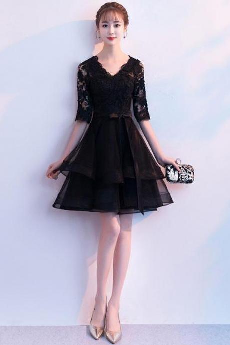 Black V Neck Lace Tulle Short Prom Dress,black Homecoming Dress