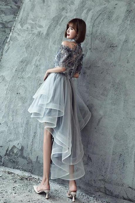 Gray tulle lace applique high low prom dress,gray homecoming dress