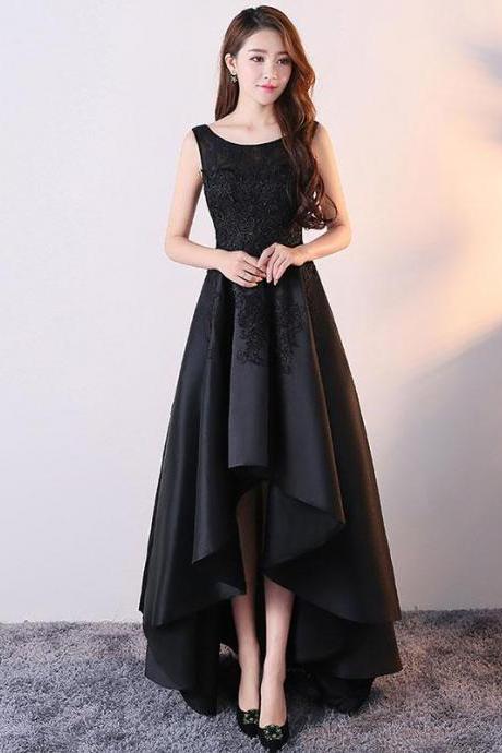 Black Round Neck Satin Lace High Low Prom Dress,black Homecoming Dress