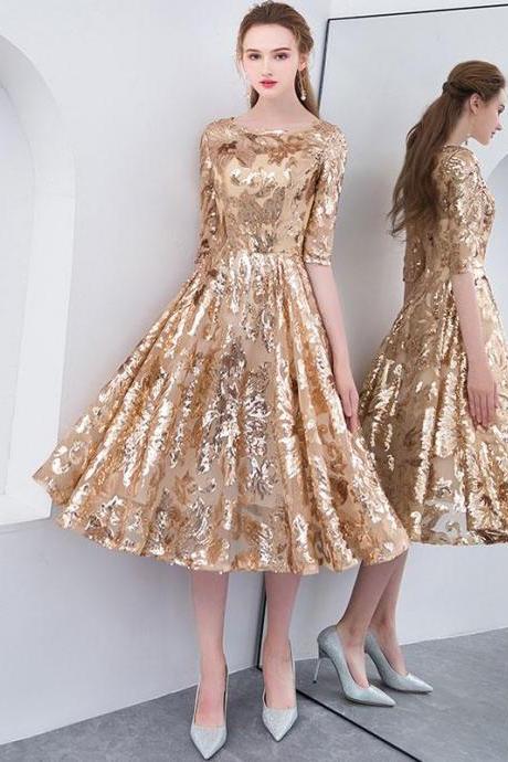 Gold Round Neck Sequin Short Prom Dress,gold Homecoming Dress