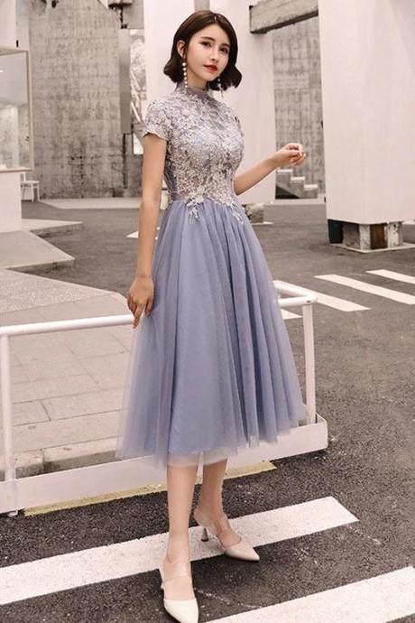 Gray Round Neck Tulle Lace Short Prom Dress,homecoming Dress