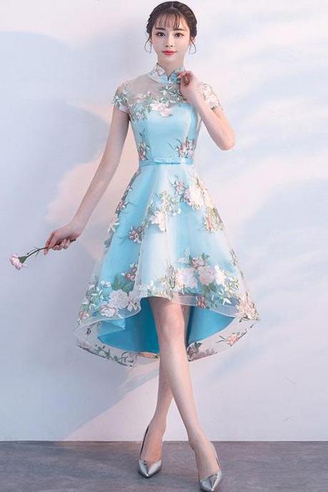 Unique Blue Tulle Embroidery Short Prom Dress,blue Evening Dress