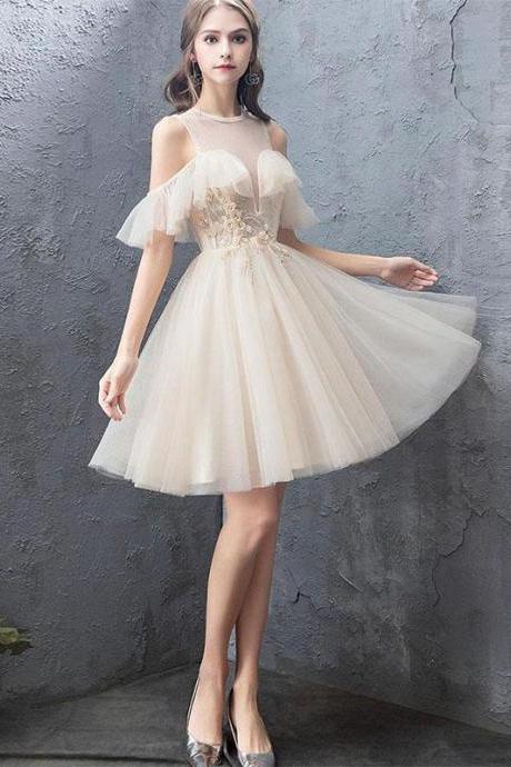 Cute Round Neck Tulle Champagne Short Prom Dress,homecoming Dress