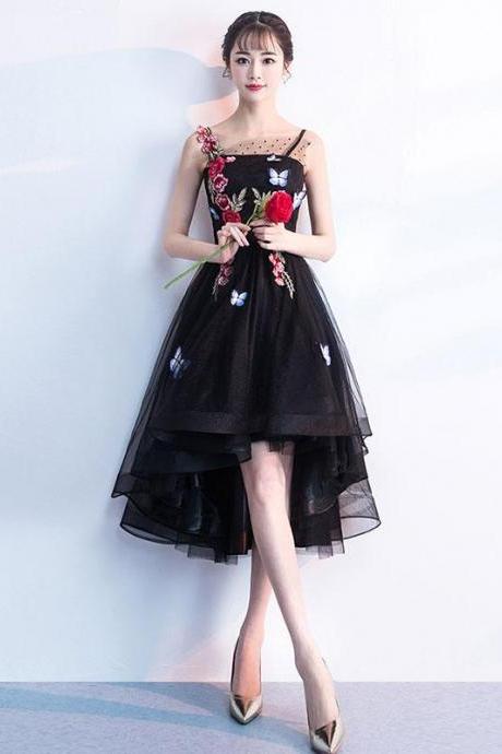 Cute black tulle lace applique short prom dress,black homecoming dress