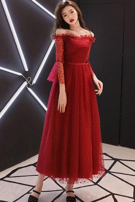 Burgundy tulle lace tea Length prom dress,burgundy evening dress