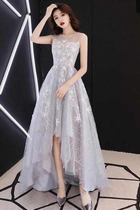 Gray tulle lace high low prom dress,gray tulle evening dress