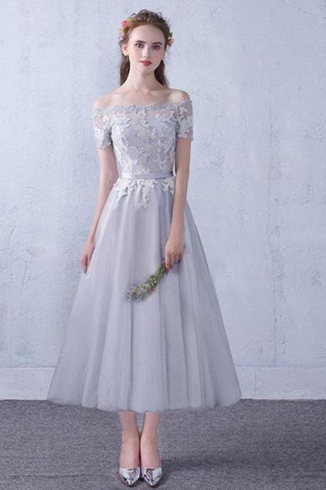 Gray Tulle Lace Tea Length Prom Dress,gray Bridesmaid Dress
