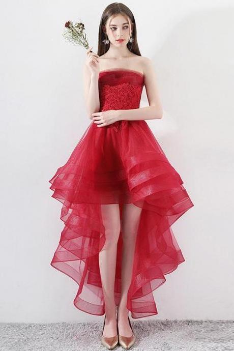 Burgundy Tulle Lace High Low Prom Dress,burgundy Tulle Evening Dress