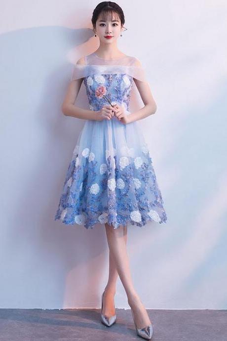 Blue Tulle Round Neck Lace Short Prom Dress,blue Homecoming Dress