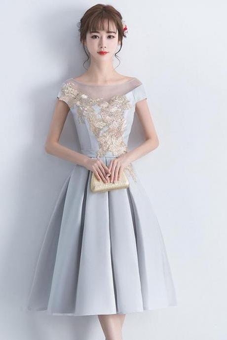 Gray Satin Lace Short Prom Dress,gray Bridesmaid Dress