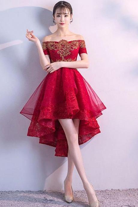 Burgundy Tulle Lace High Low Prom Dress,burgundy Tulle Bridesmaid Dress