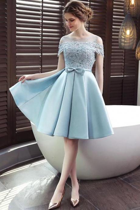Blue Round Neck Satin Lace Short Prom Dress,blue Bridesmaid Dress