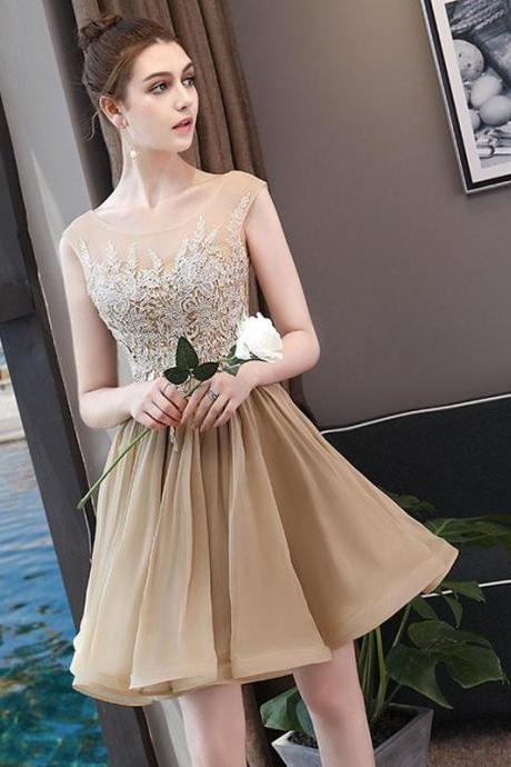 Champagne Chiffon Lace Short Prom Dress,champagne Evening Dress