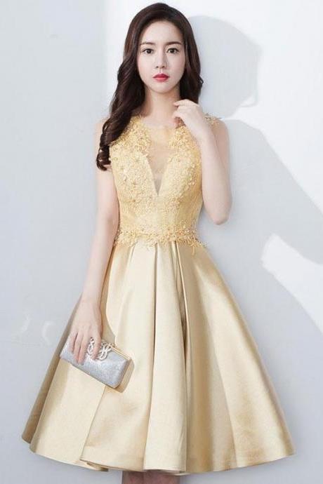Cute Round Neck Lace Satin Short Prom Dress,lace Homecoming Dress